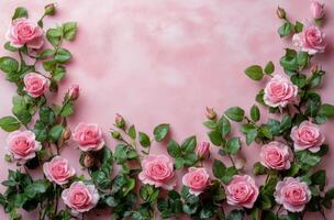 Beautiful pink roses arranged with green leaves on a soft pink background for decoration photo