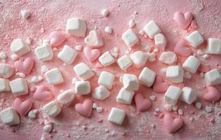 Sweet heart-shaped marshmallows and white cubes scattered on a pink background photo