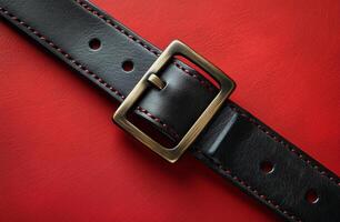 A close-up view of a black leather belt with a brass buckle on a red textured background photo