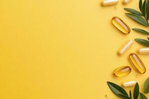 Variety of dietary supplements and vitamins on a golden surface during a wellness session photo