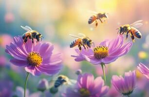 Bees pollinating vibrant flowers in a sunlit meadow during late spring afternoon photo