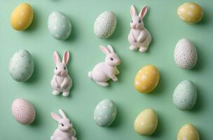Colorful Easter eggs and cute bunnies arranged on a pastel background for spring celebrations photo