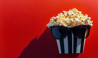 Popcorn wearing sunglasses in a playful display against a vibrant red background photo