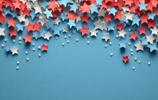 Colorful stars in red, white, and blue arranged around a blue background for festive decoration photo
