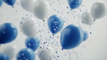 Colorful balloons floating in the air at a festive celebration with confetti photo