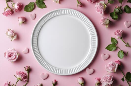 Soft pink background adorned with roses and hearts, featuring a blank circular space for text photo