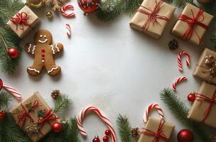 Decorative holiday setup featuring gingerbread cookies and wrapped gifts on a white surface photo