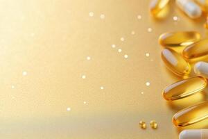 Variety of dietary supplements and vitamins on a golden surface during a wellness session photo
