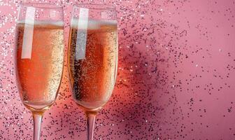 Celebratory champagne flutes filled with bubbly drink against a festive pink backdrop photo