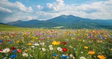 Colorful wildflower meadow blooming under a bright sky with distant mountains at midday photo
