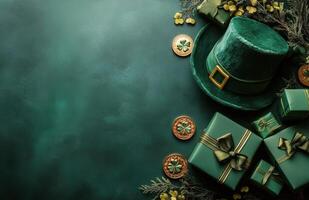Decorative green gifts and a festive hat arranged for a St. Patricks Day celebration photo