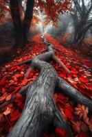 Vibrant red foliage creates a stunning path through the autumn forest in afternoon light photo