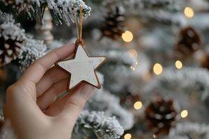 Delicately placing a star ornament on a snow-covered Christmas tree in warm holiday light photo