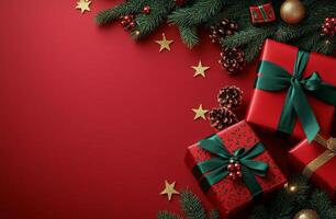 festivo fiesta decoraciones con envuelto regalos, pino conos, y verde follaje en un rojo antecedentes foto