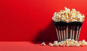 Popcorn wearing sunglasses in a playful display against a vibrant red background photo