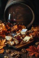 Cozy autumn evening with bread, cheese, wine, and nuts among colorful leaves photo