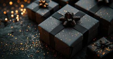 Elegant black gift boxes adorned with bows, set against a backdrop of sparkling glitter photo