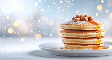 Stack of fluffy pancakes drizzled with syrup and topped with nuts on a rustic table photo