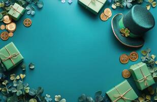 Decorative green gifts and a festive hat arranged for a St. Patricks Day celebration photo