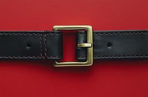Black leather belt with a brass buckle resting against a vibrant red background photo
