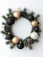 Decorative holiday frame with ornaments and pine branches on a white background photo