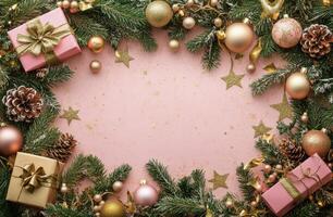 Decorative Christmas arrangement with gifts, ornaments, and pine branches on a festive background photo