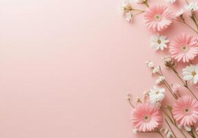 Delicate white cherry blossom branches arranged on a soft pink background for spring decor photo