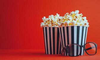Two striped popcorn containers filled with popcorn, one wearing glasses, against a red backdrop photo
