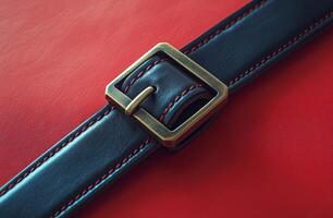 A close-up view of a black leather belt with a brass buckle on a red textured background photo