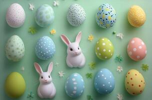 Colorful Easter eggs and cute bunnies arranged on a pastel background for spring celebrations photo