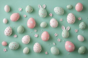 Colorful Easter eggs and decorations scattered on a mint green background for spring celebration photo