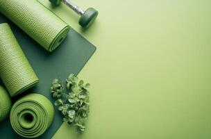 Green yoga mats and a dumbbell arranged neatly on a vibrant green background for fitness practice photo