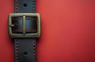 A close-up view of a black leather belt with a brass buckle on a red textured background photo