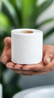 Hand holding a roll of white toilet paper in a bright indoor space surrounded by greenery photo