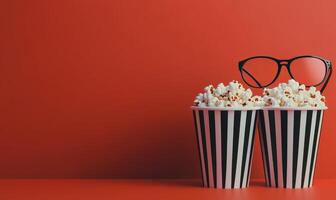 Two striped popcorn containers filled with popcorn, one wearing glasses, against a red backdrop photo