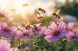 Bees pollinating vibrant flowers in a sunlit meadow during late spring afternoon photo