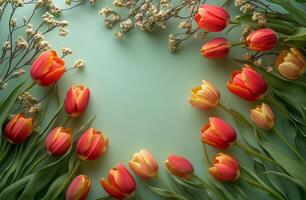 Spring floral arrangement featuring tulips and blossoms on a green backdrop photo