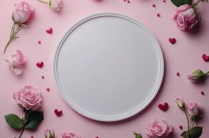 Soft pink background adorned with roses and hearts, featuring a blank circular space for text photo