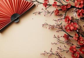 Colorful cherry blossom branch and decorative fan on a soft beige background for festive decor photo