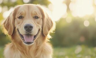 Happy golden retriever enjoying a sunny day in the park with a friendly expression photo