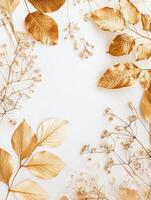 Elegant arrangement of dried flowers and golden leaves on a soft background photo