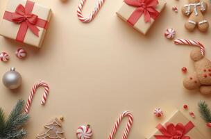 Festive holiday decorations with gifts, cookies, and candy canes arranged on a warm background photo