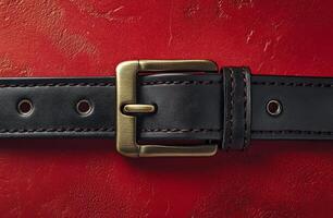 A close-up view of a black leather belt with a brass buckle on a red textured background photo