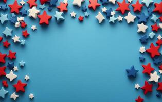 Colorful stars in red, white, and blue arranged around a blue background for festive decoration photo