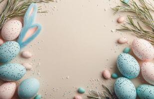 vistoso Pascua de Resurrección huevos y conejos rodeado por floreciente ramas en un suave antecedentes foto