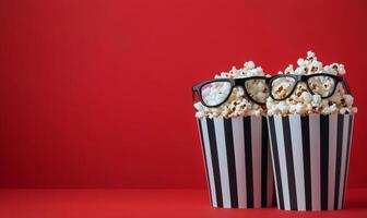 Two striped popcorn containers filled with popcorn, one wearing glasses, against a red backdrop photo