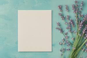 Fresh lavender arrangement with bowls on light blue background for creative projects photo