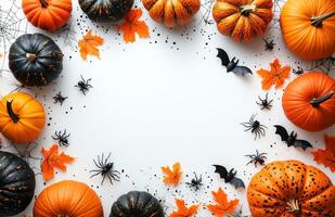 Colorful Halloween decorations with pumpkins, bats, and leaves arranged for festive celebrations photo