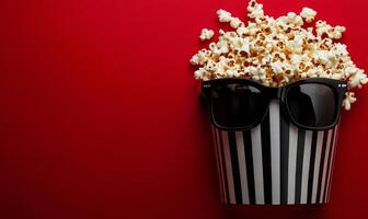 Popcorn wearing sunglasses in a playful display against a vibrant red background photo