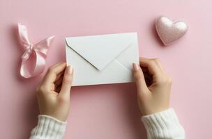 A person holding a blank envelope with a ribbon and heart decoration on a soft pink background photo